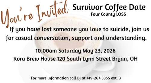 An invitation to Survivor Coffee Date on May 23, 2026 at 10:00am at Kora Brewhouse in Bryan Ohio